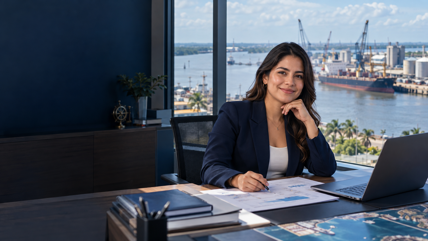 Profesional en una oficina con ventanal hacia el muelle del puerto de Coatzacoalcos